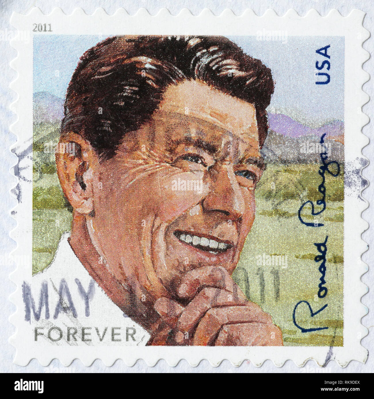 Präsident Ronald Reagan auf amerikanische Briefmarke Stockfoto