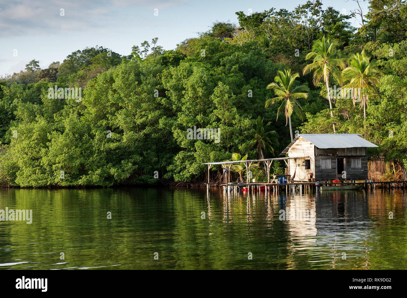 Traditionelles Haus auf Stelzen am Ufer des San Cristobal Insel im Archipel Bocas del Toro, Panama Stockfoto