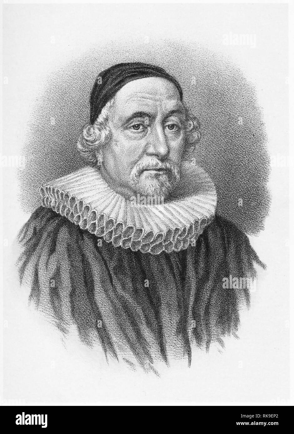 Gravur von James Ussher (1581 - 1656) Die Kirche von Irland Erzbischof von Armagh und Primas von Irland zwischen 1625 und 1656. Er war ein produktiver Gelehrter und Führer der Kirche. Stockfoto