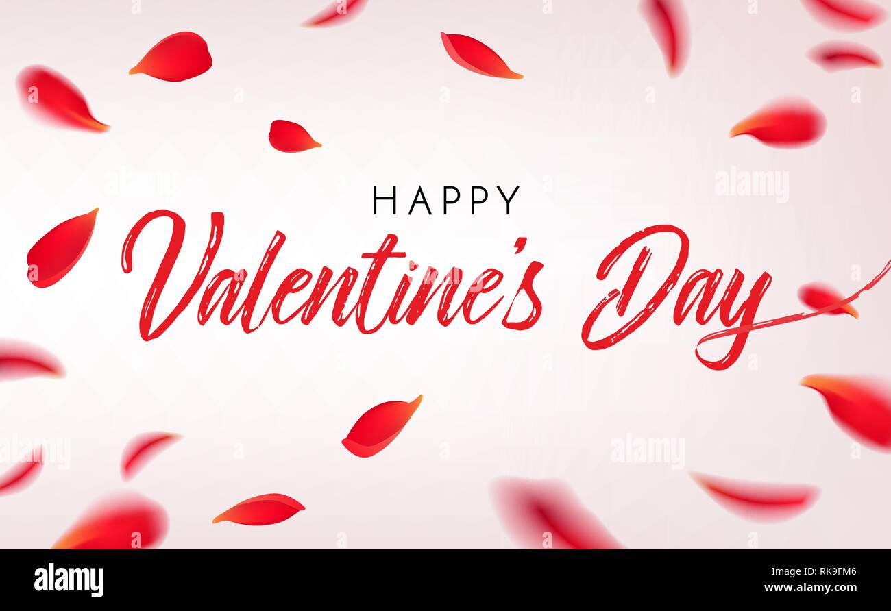 Happy Valentinstag Grußkarte mit fallenden roten Rosenblättern. Vector Illustration mit Schönheit Rosen Blütenblätter und Zeichen Stock Vektor