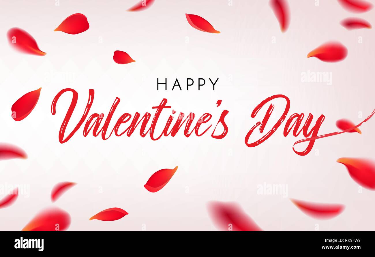 Happy Valentinstag Grußkarte mit fallenden roten Rosenblättern. Vector Illustration mit Schönheit Rosen Blütenblätter und Zeichen Stock Vektor