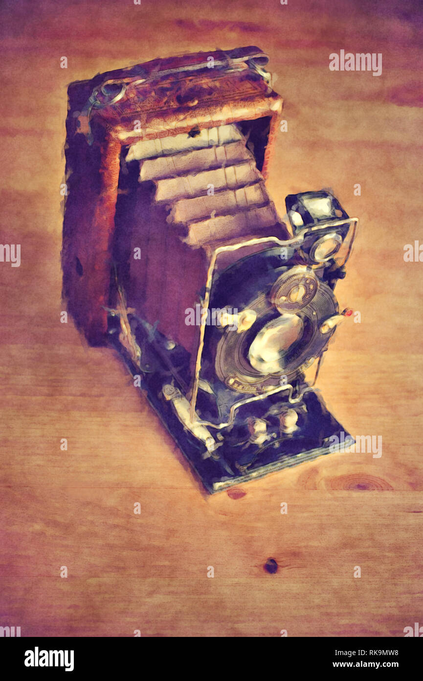 Antike Foth platte Kamera mit Leder Bellow, digitale Malerei Wirkung Stockfoto