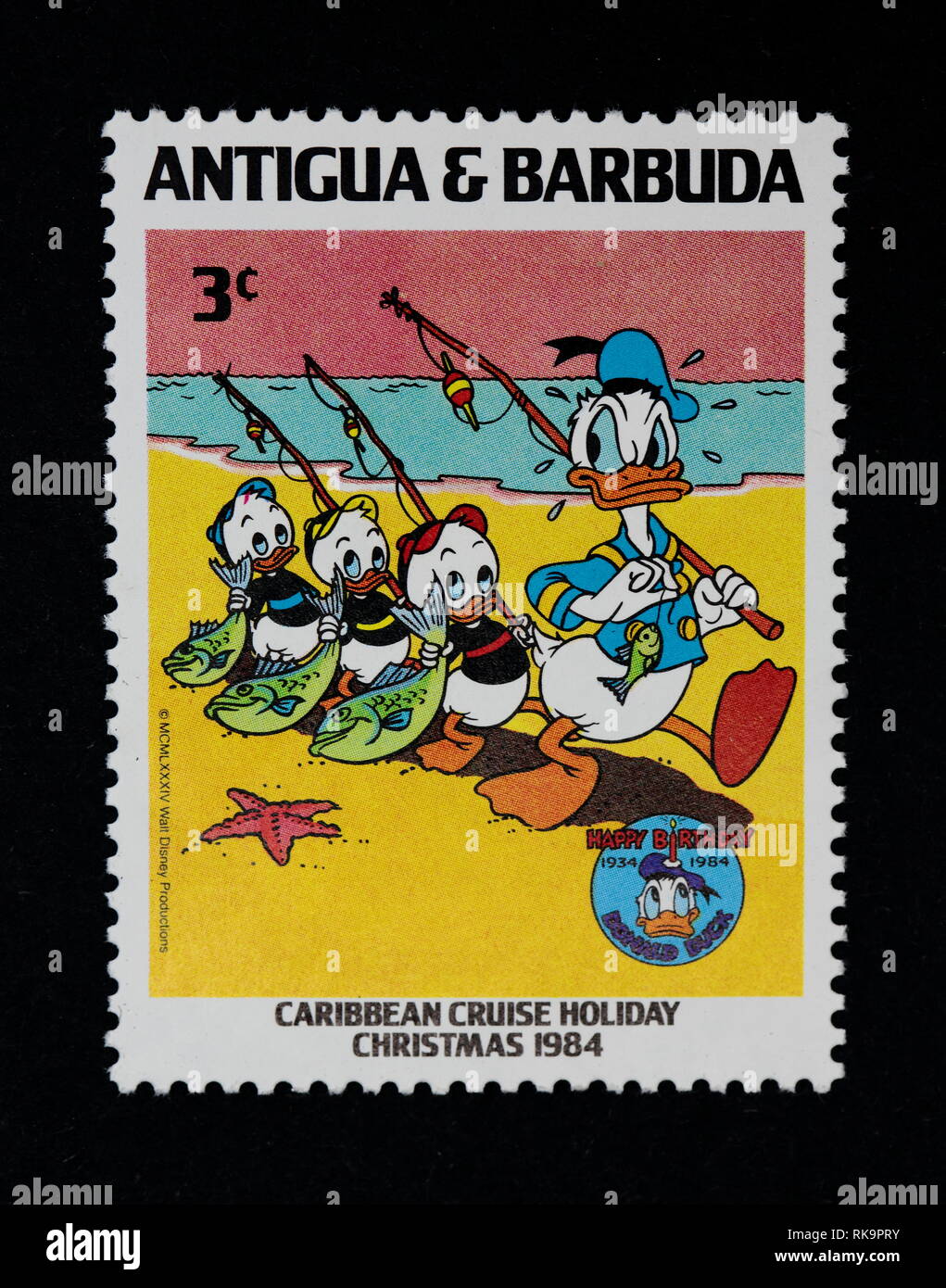 Ameland, Niederländisch - November 4, 2014: Donald Duck von Mickey Mouse und Freunde cartoon Animation. Stempel von Antigua und Barbuda. Nur für den redaktionellen Gebrauch bestimmt. Stockfoto