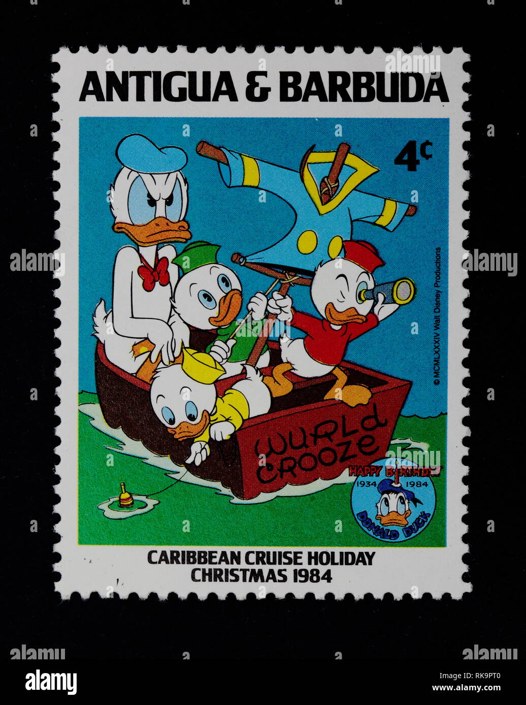 Ameland, Niederländisch - November 4, 2014: Donald Duck von Mickey Mouse und Freunde cartoon Animation. Stempel von Antigua und Barbuda. Nur für den redaktionellen Gebrauch bestimmt. Stockfoto