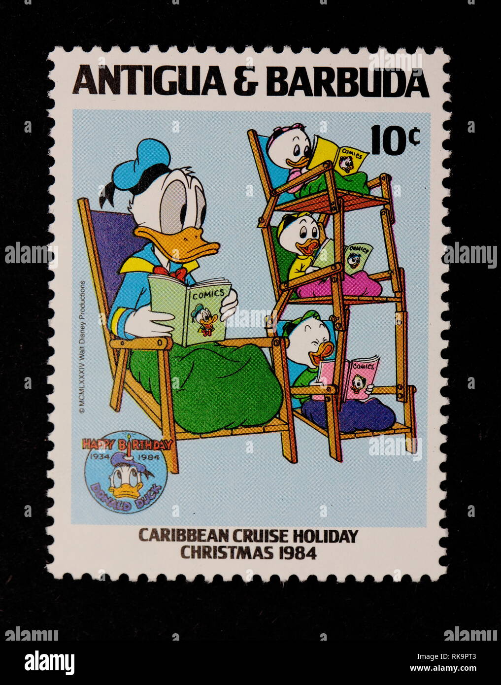 Ameland, Niederländisch - November 4, 2014: Donald Duck von Mickey Mouse und Freunde cartoon Animation. Stempel von Antigua und Barbuda. Nur für den redaktionellen Gebrauch bestimmt. Stockfoto