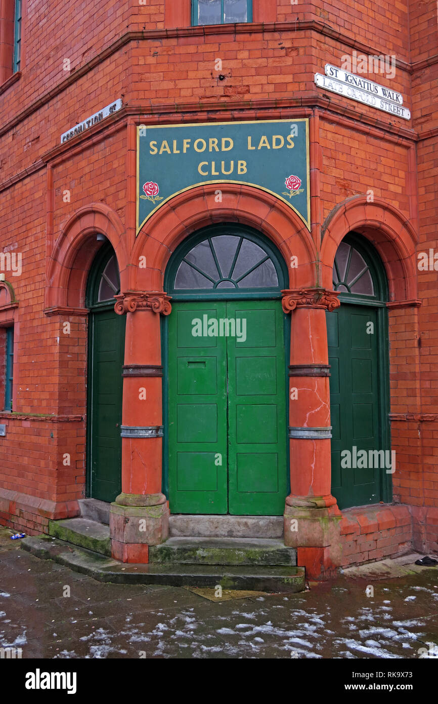 Salford Lads Club Eingang, wie in der Smiths album, die Königin ist tot, der heilige Ignatius, Salford, Lancashire, North West England, Großbritannien, M5 3RX Stockfoto