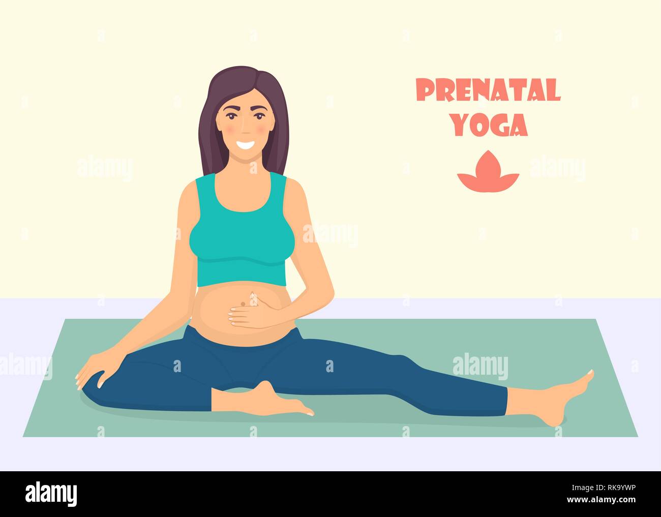 Schwangeren Yoga Übungen auf der Matte. Yoga für schwangere Frauen. Schwangerschaftsyoga. Vector Illustration im flachen Stil Stock Vektor