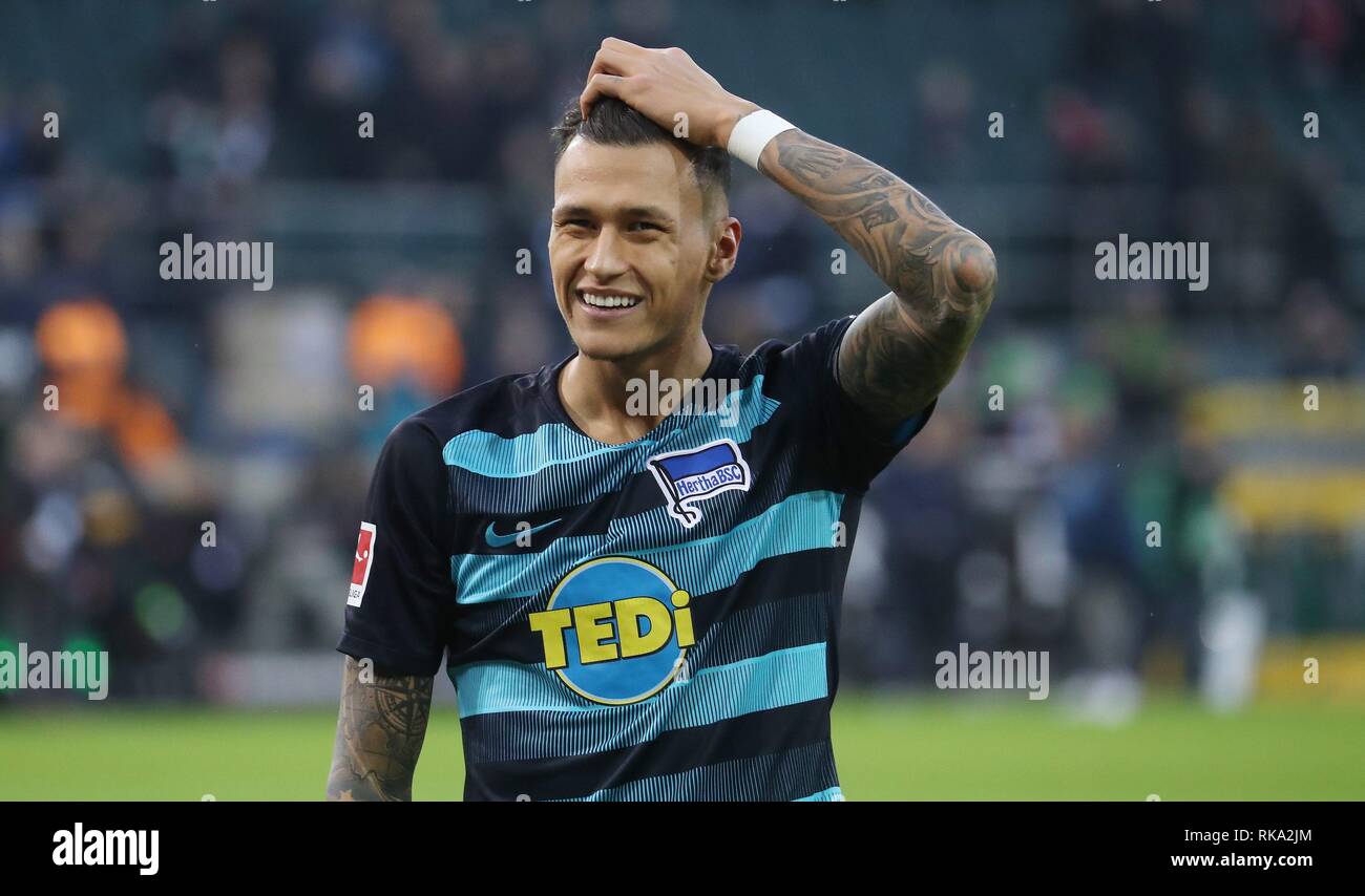 Firo: Fußball, Saison 2018/2019 1.Bundesliga: 09.02.2019 VfL Borussia Mönchengladbach, Gladbach - Hertha BSC Berlin 3:0 Jubel Davie Selke | Verwendung weltweit Stockfoto