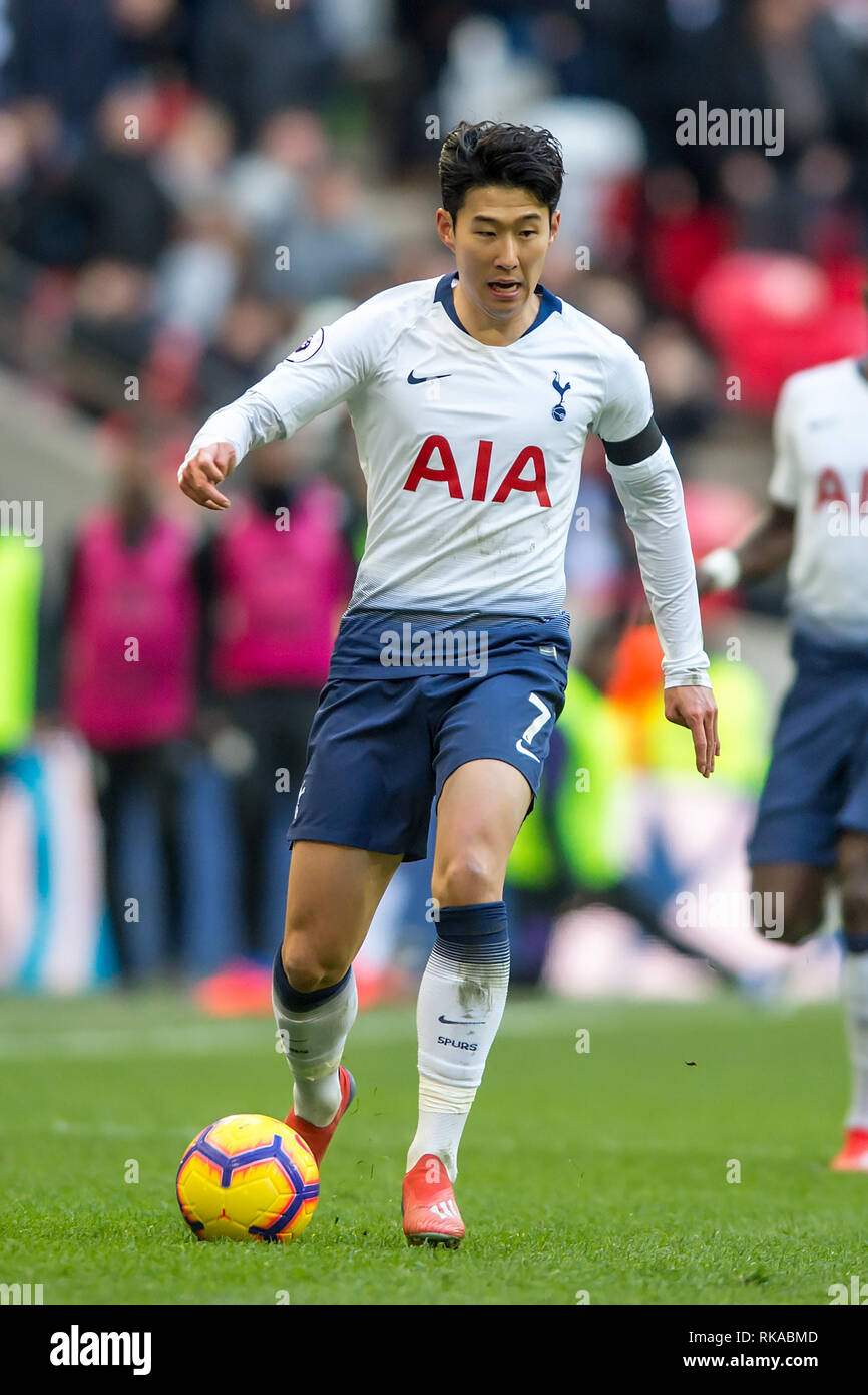 London, Großbritannien. 10. Feb 2019. Sohn Heung-Min von Tottenham Hotspur beim Premier League Spiel zwischen den Tottenham Hotspur und Leicester City im Wembley Stadion, London, England am 10. Februar 2019. Foto von salvio Calabrese. Nur die redaktionelle Nutzung, eine Lizenz für die gewerbliche Nutzung erforderlich. Keine Verwendung in Wetten, Spiele oder einer einzelnen Verein/Liga/player Publikationen. Credit: UK Sport Pics Ltd/Alamy leben Nachrichten Stockfoto