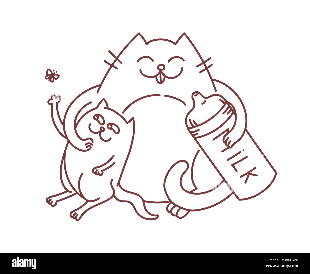 Mutter Katze Füttern Baby Kätzchen Mit Milch Flasche