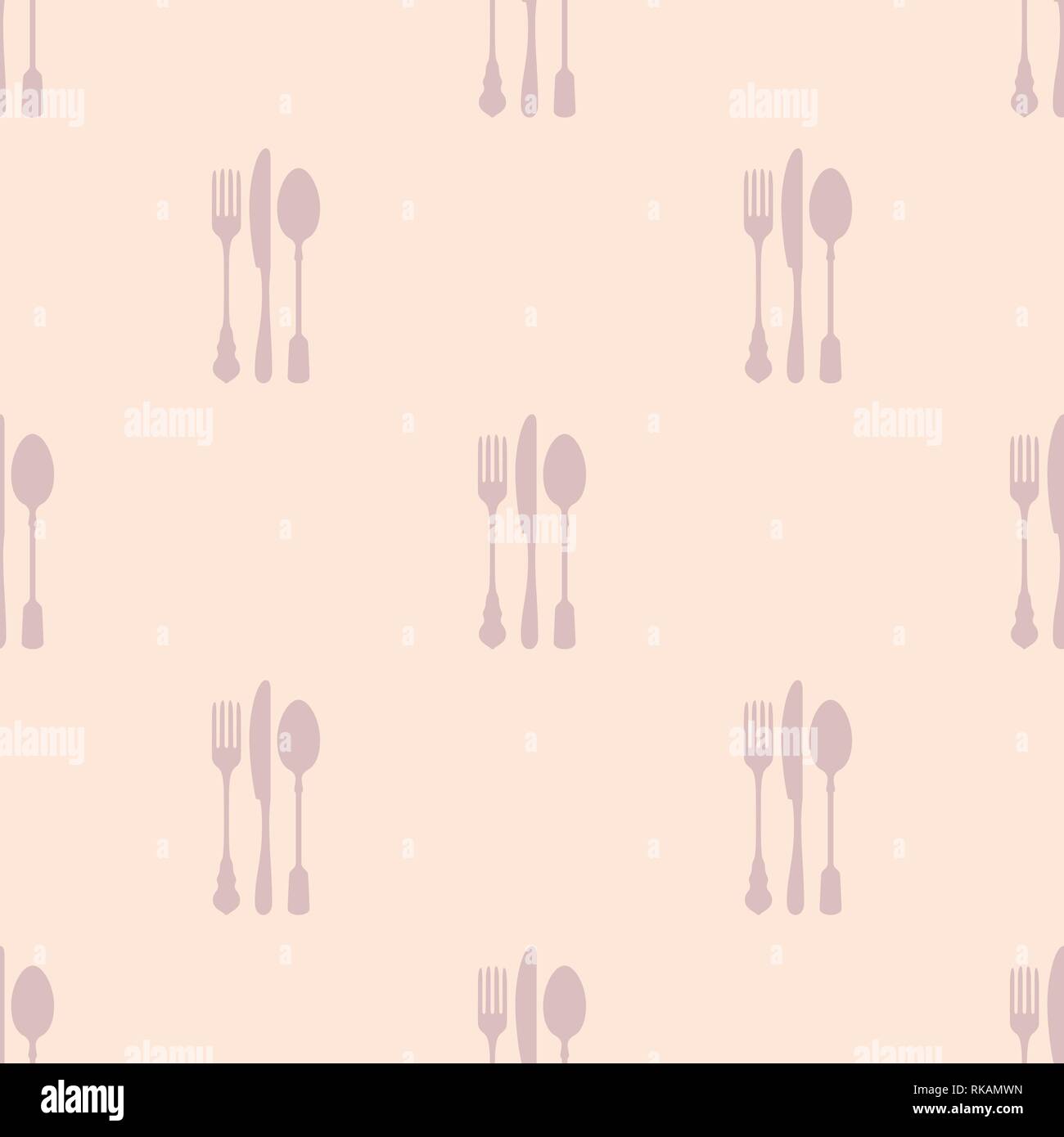 Restaurant menu nahtlose Muster. Vector Hintergrund. Pastell sanften Farben. Gabel, Messer und Löffel Silhouetten. Stock Vektor
