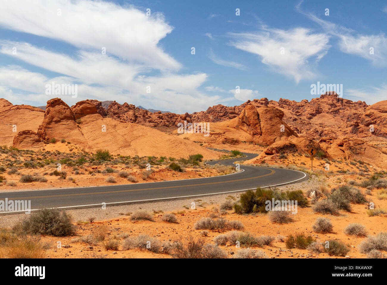 Teil der landschaftlich reizvollen Fahrt durch das Valley of Fire State Park, Nevada, United States. Stockfoto