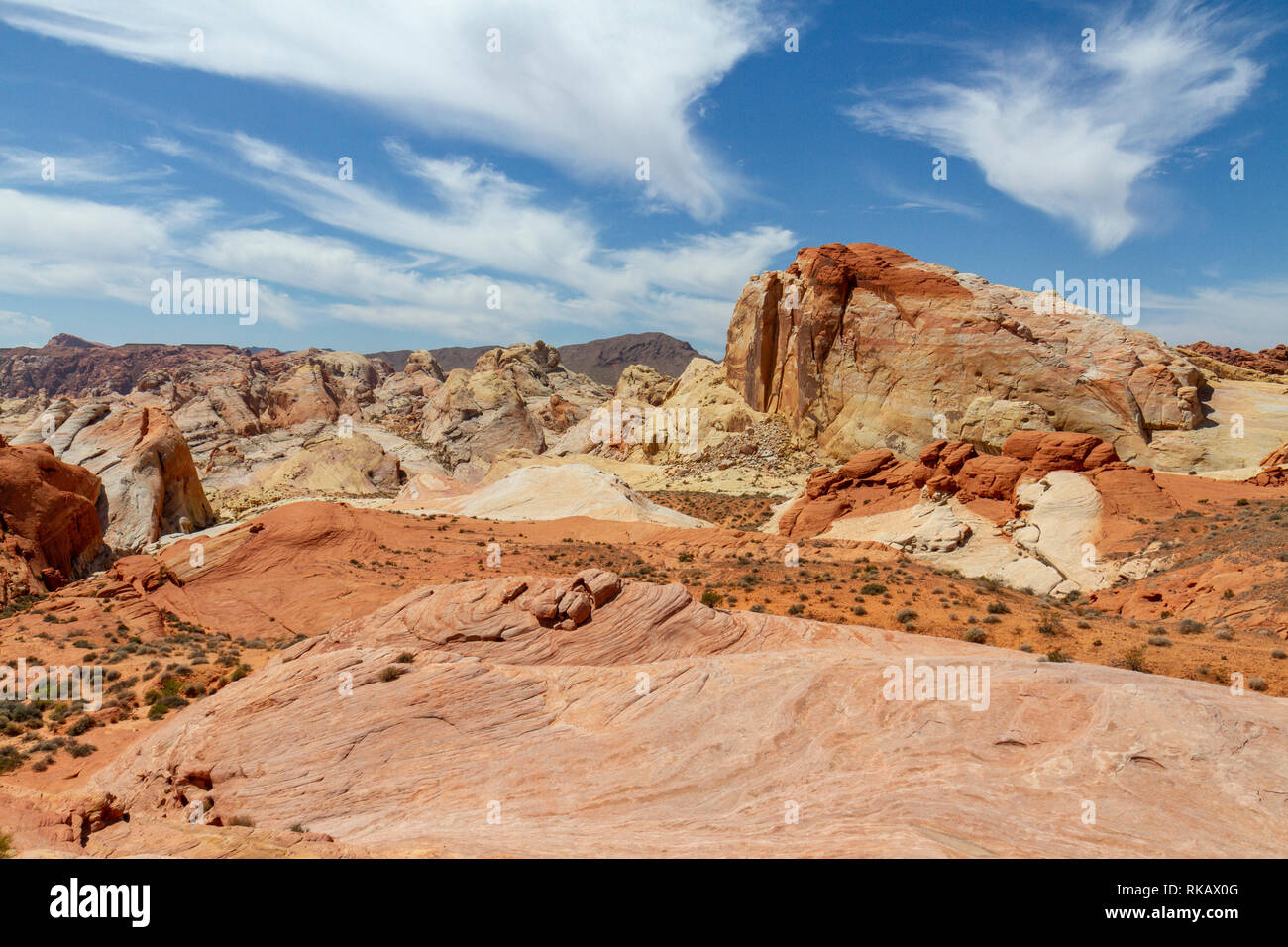 Blick nach Westen vom Feuer Wave Bereich der Valley of Fire State Park, Nevada, United States. Stockfoto