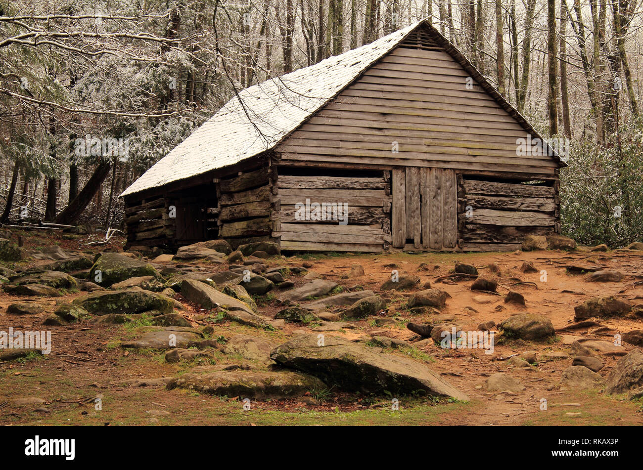 Die historische Noah Bud Ogle Homestead ist ein beliebter Zwischenstopp entlang der Cherokee Orchard Road in Great Smokey Mountains National Park, Gatlinburg, Tennessee Stockfoto