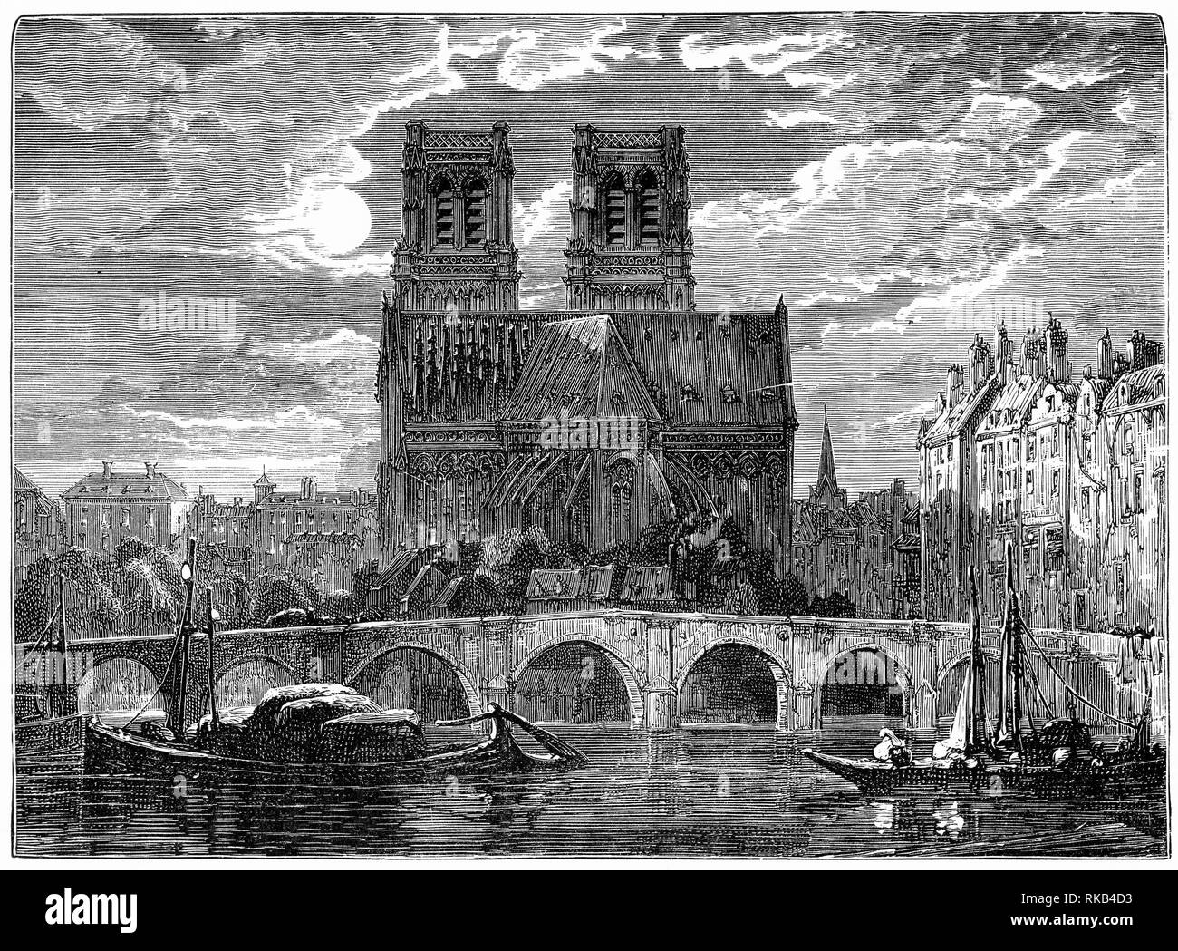 Gravur der Kathedrale von Notre Dame in Paris. Stockfoto