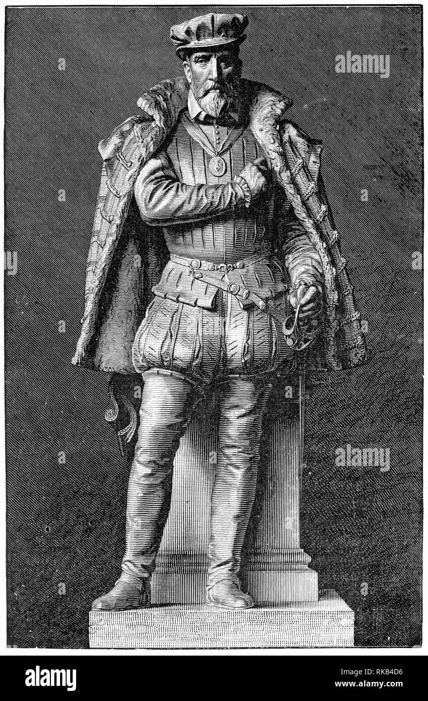 Gravur von Gaspard de Coligny, Seigneur de Châtillon (1519 - 1572) Ein französischer Edelmann und Admiral, ein Führer der Hugenotten in der Französischen Religionskriege und ein enger Freund und Berater des Königs Karl IX. von Frankreich. Im St Bartholemew's Day Massaker ermordet. Stockfoto