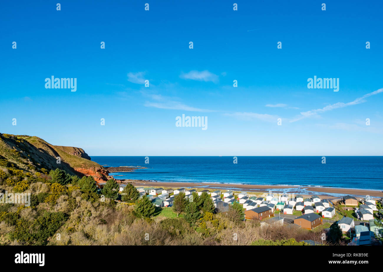 Pease Bay Holiday Home Park mit Mobilheimen und Strand, Berwickshire, Scottish Borders, Schottland, Großbritannien Stockfoto