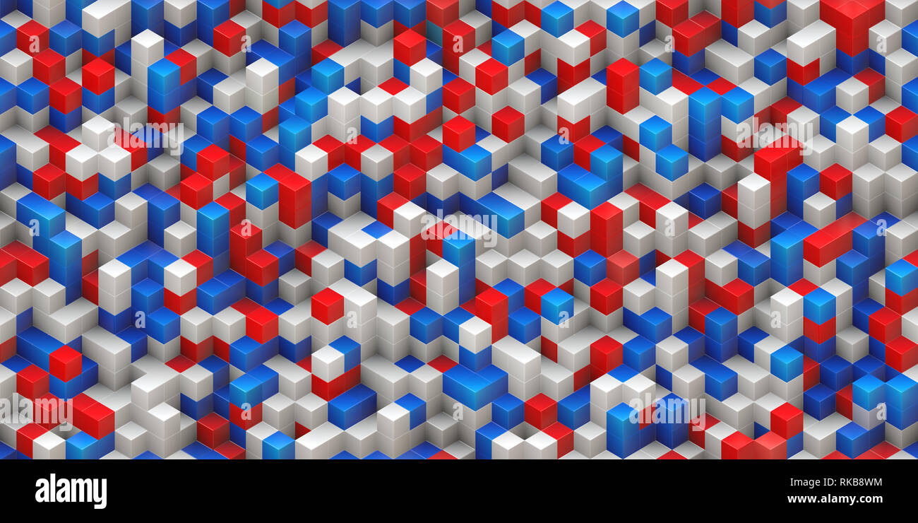 Würfel nahtlose Hintergrund - bunt, rot blau weiß, zufällig zusammengesetzte Struktur - 3D-Rendering Stockfoto
