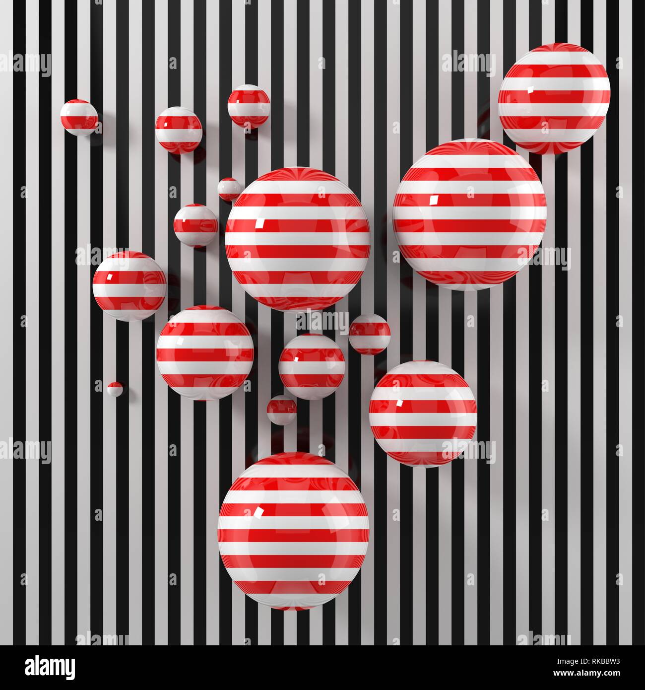 Moderne Kunst Konzept mit Streifen bemalt Kugeln auf schwarzem Streifen Stock. Geeignet für Illusion, Kunst und moderne Grafik desing Themen. 3D-Darstellung. Stockfoto