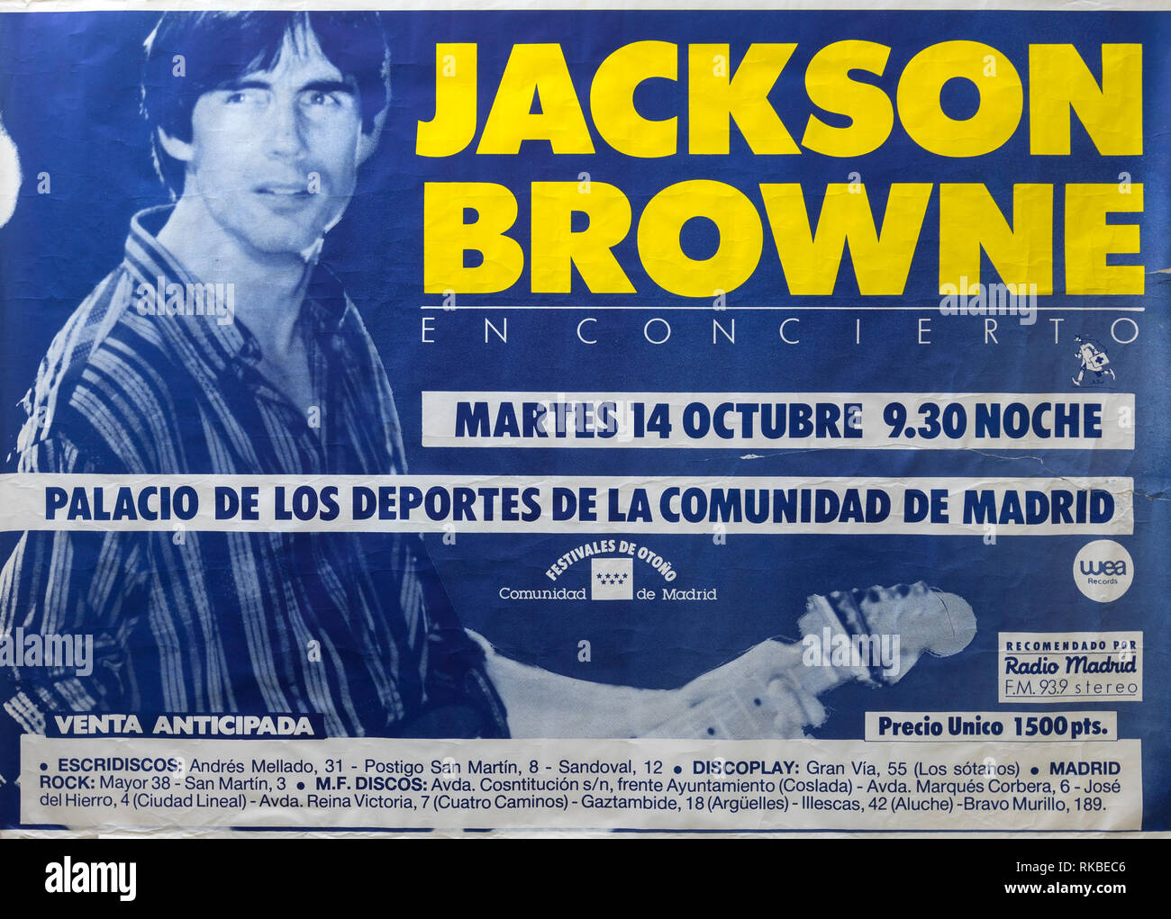 Jackson Browne, Madrid Tour 1986, Musical Konzert Poster Stockfoto