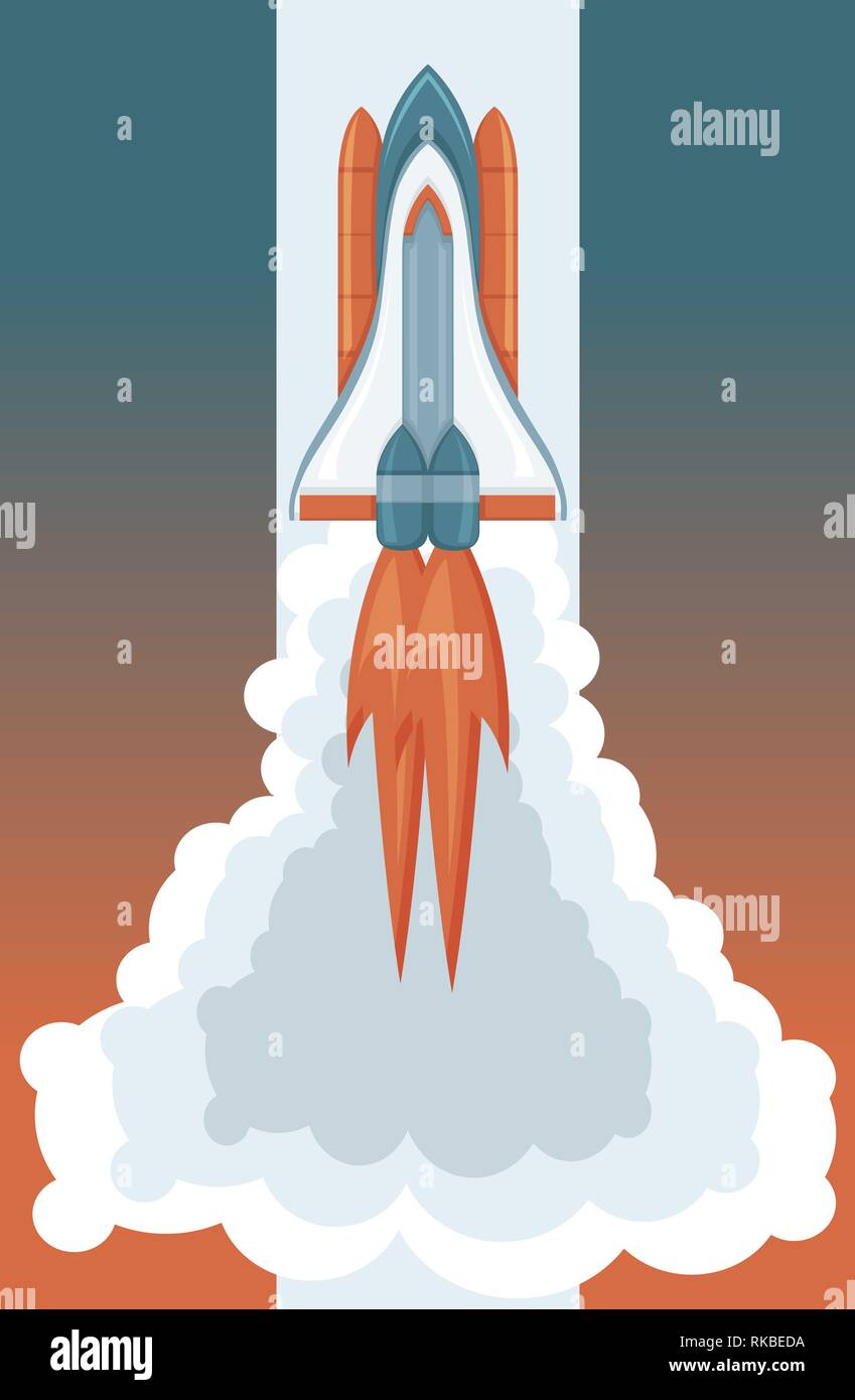 Space Art, Rakete starten vector Retro Stil Abbildung. Shultte mit Dampf Stock Vektor