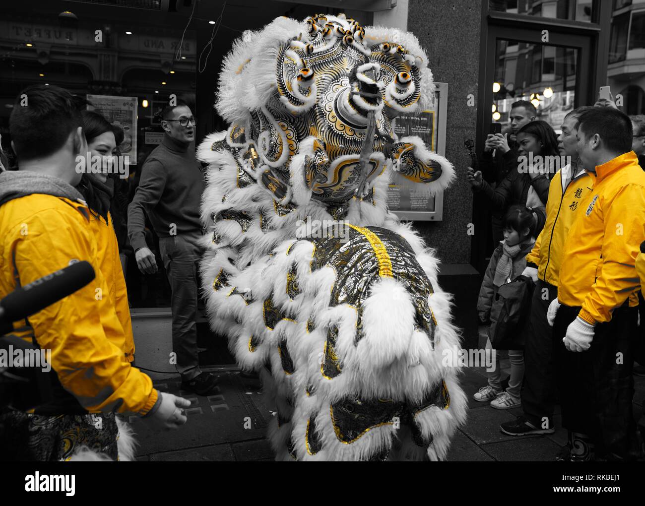 Chinesischer Drache Feier des neuen Jahres 2019 in Chinatown in London. Drache packte einen frischen Salat aus der Haustür für Segen. Stockfoto