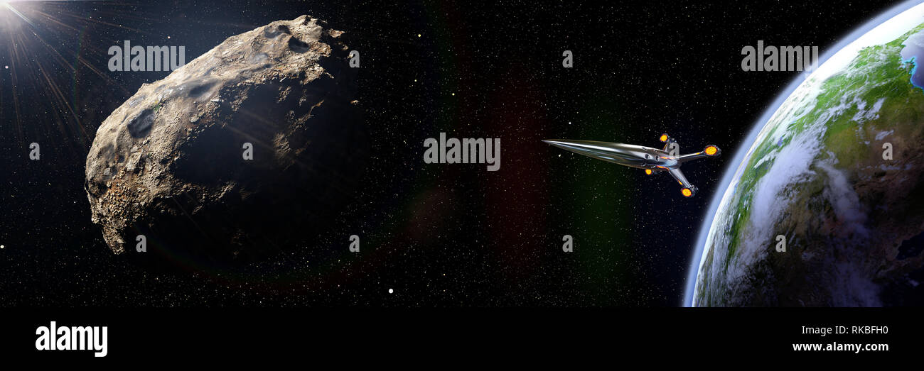 Rakete abfangen Meteoroid in der Umlaufbahn des Planeten Erde, erdnahen Asteroiden Weltraummission (3d-science fiction Abbildung: Banner, Elemente dieser im Stockfoto