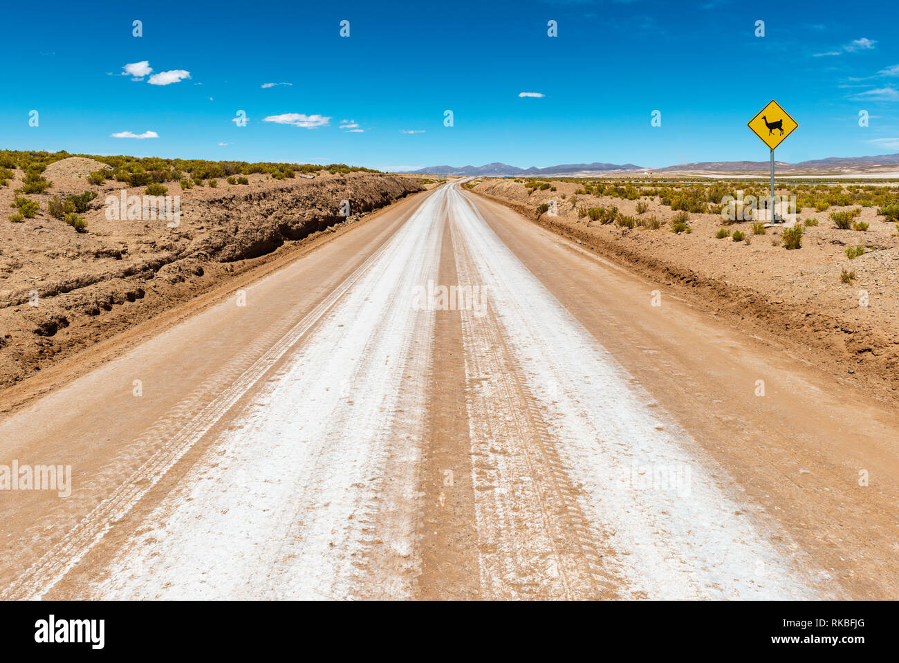 Landschaft Foto einer Autobahn, Straße in der Uyuni Salzsee Region (Salar de Uyuni) mit einem Warnschild: Lama auf der Straße! Bolivien, Südamerika. Stockfoto