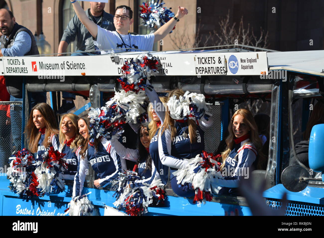 Die New England Patriots Super Bowl LIII Meisterschaft Parade in Boston's Back Bay mit Spielern und Ente, Boote, Massachusetts, USA Stockfoto