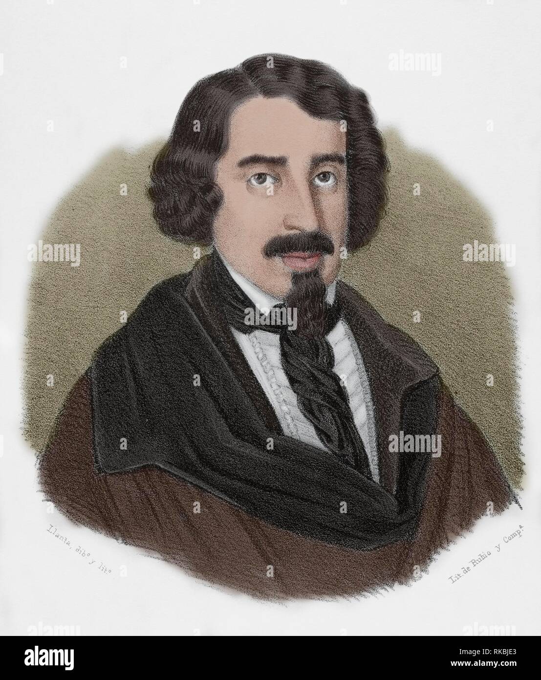 José de Espronceda (Almendralejo, 1808 - Madrid, 1842). Escritor Español de la época del Romanticismo. Dibujo por Llanta. Litografía. Coloreada. Retrato. Crónica de España, Historia y Ilustrada Descriptiva de Sus Provincias. Extremadura, 1870. Stockfoto