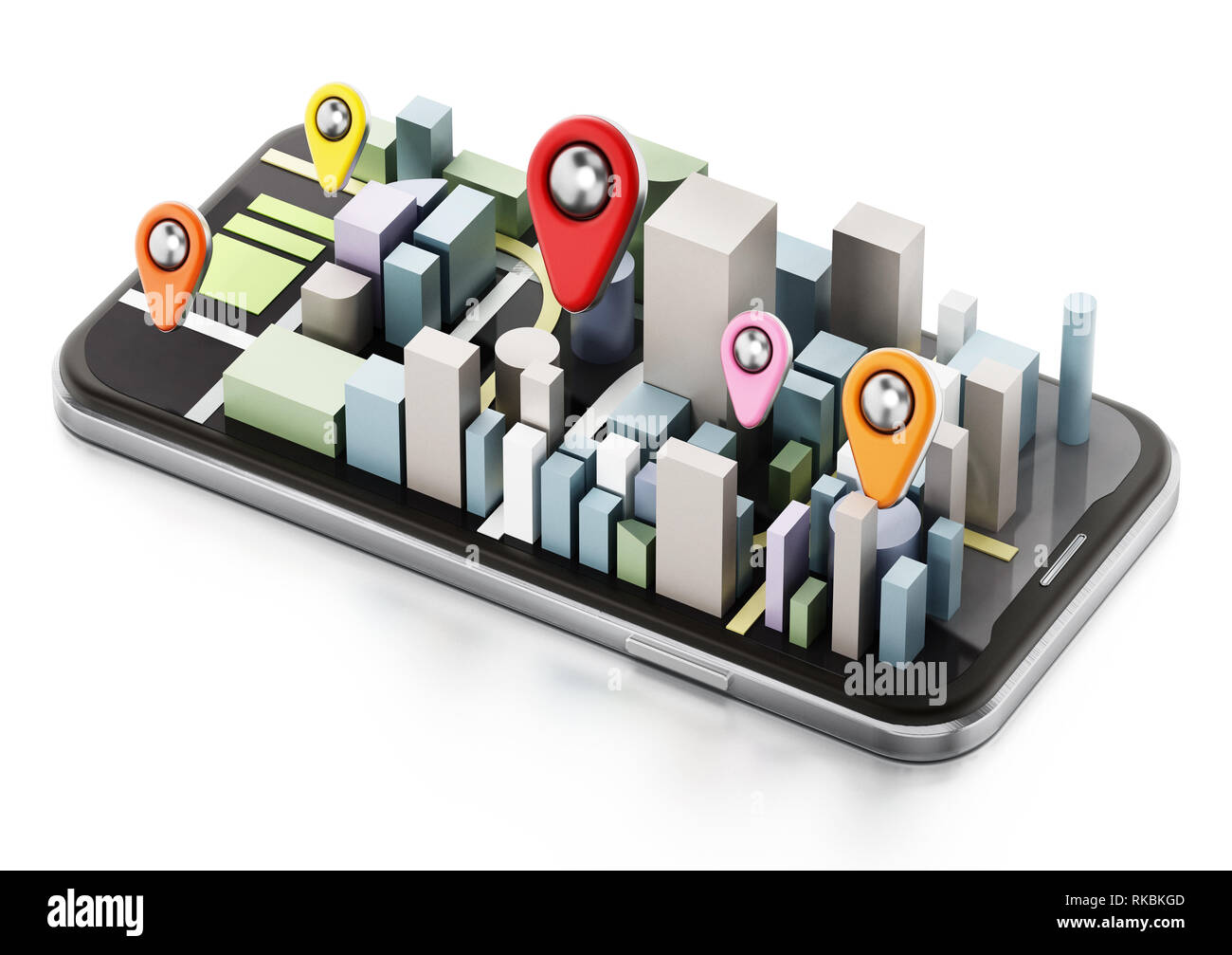 Stadt Gebäude und farbige Stifte auf dem Smartphone. 3D-Darstellung. Stockfoto