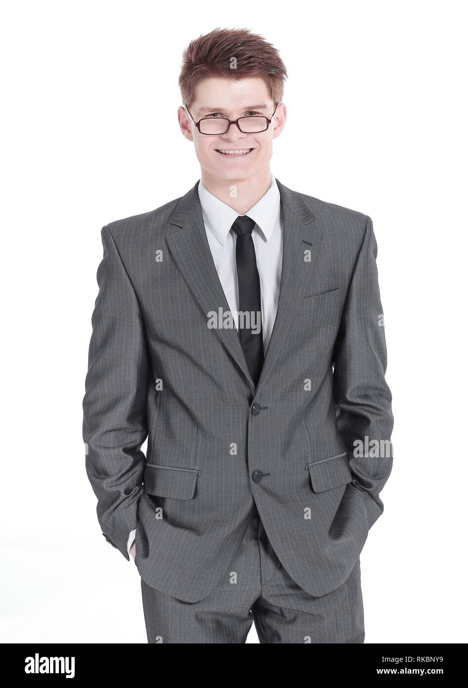 Seitenansicht. erfolgreiche junge Geschäftsmann. isoliert auf einem weißen Stockfoto