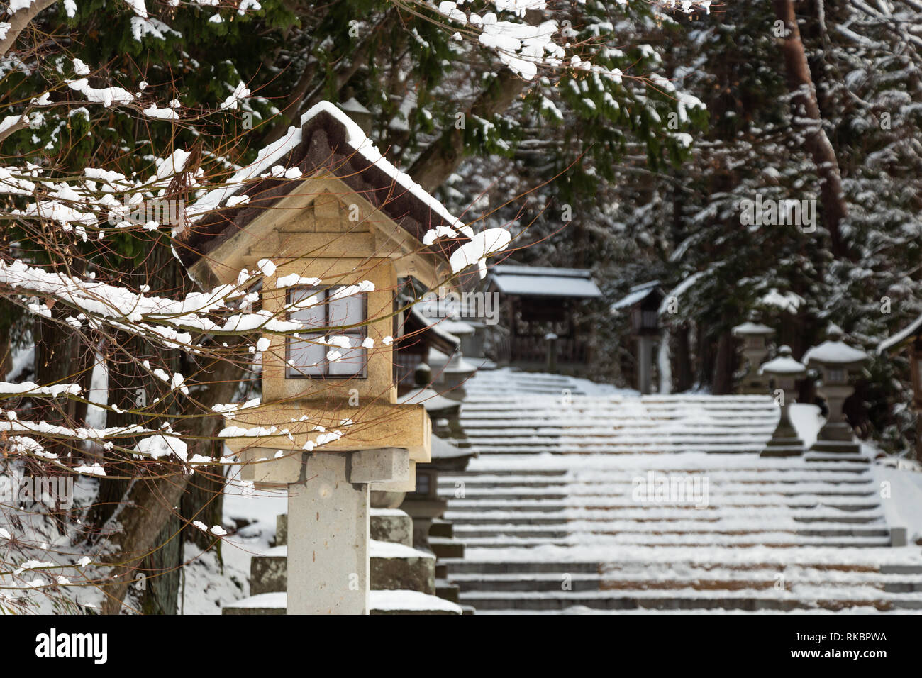 Japanische aus Stein und Holz Laterne mit Schnee im Hida - sannogu Hie-Jinja Schrein im Winter. In Gifu, Hida Takayama, Japan. Stockfoto