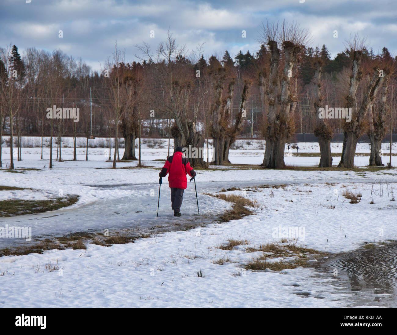 Frau gehen über Schnee und Eis mit Nordic Walking Stöcken, Upplands Vasby, Stockholm, Schweden, Skandinavien Stockfoto