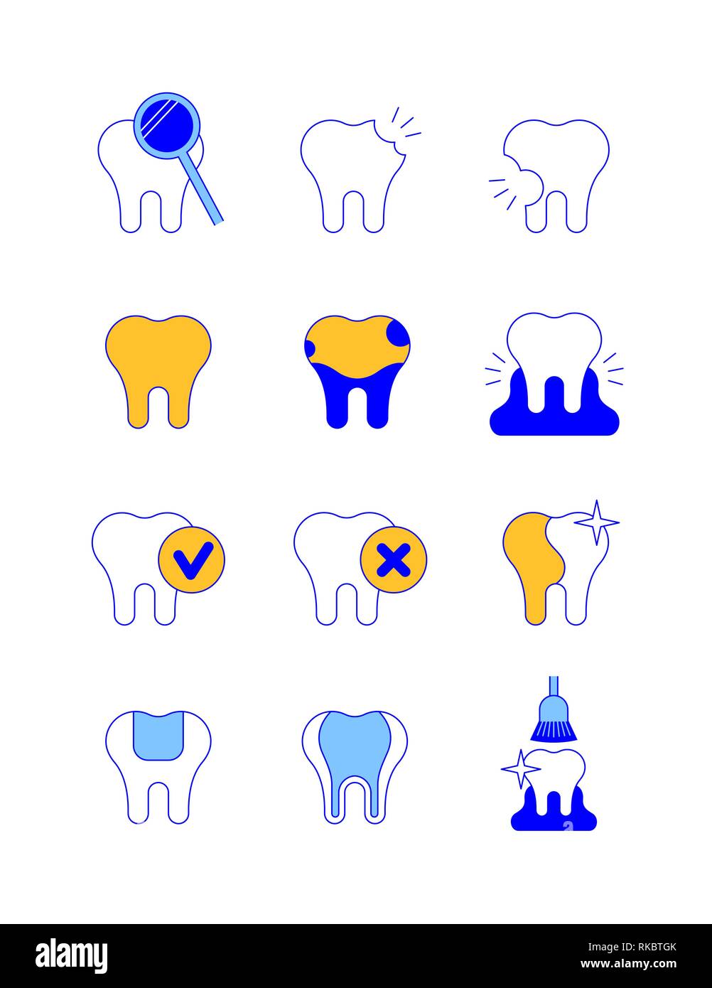Zahnmedizinische Krankheiten und Behandlung dünne Linie Vector Icons. Karies, fleckige Zähne, gingivitis Symbole. Chek Markierungen auf Zahn, weiß, Füllung, professionelle Stock Vektor