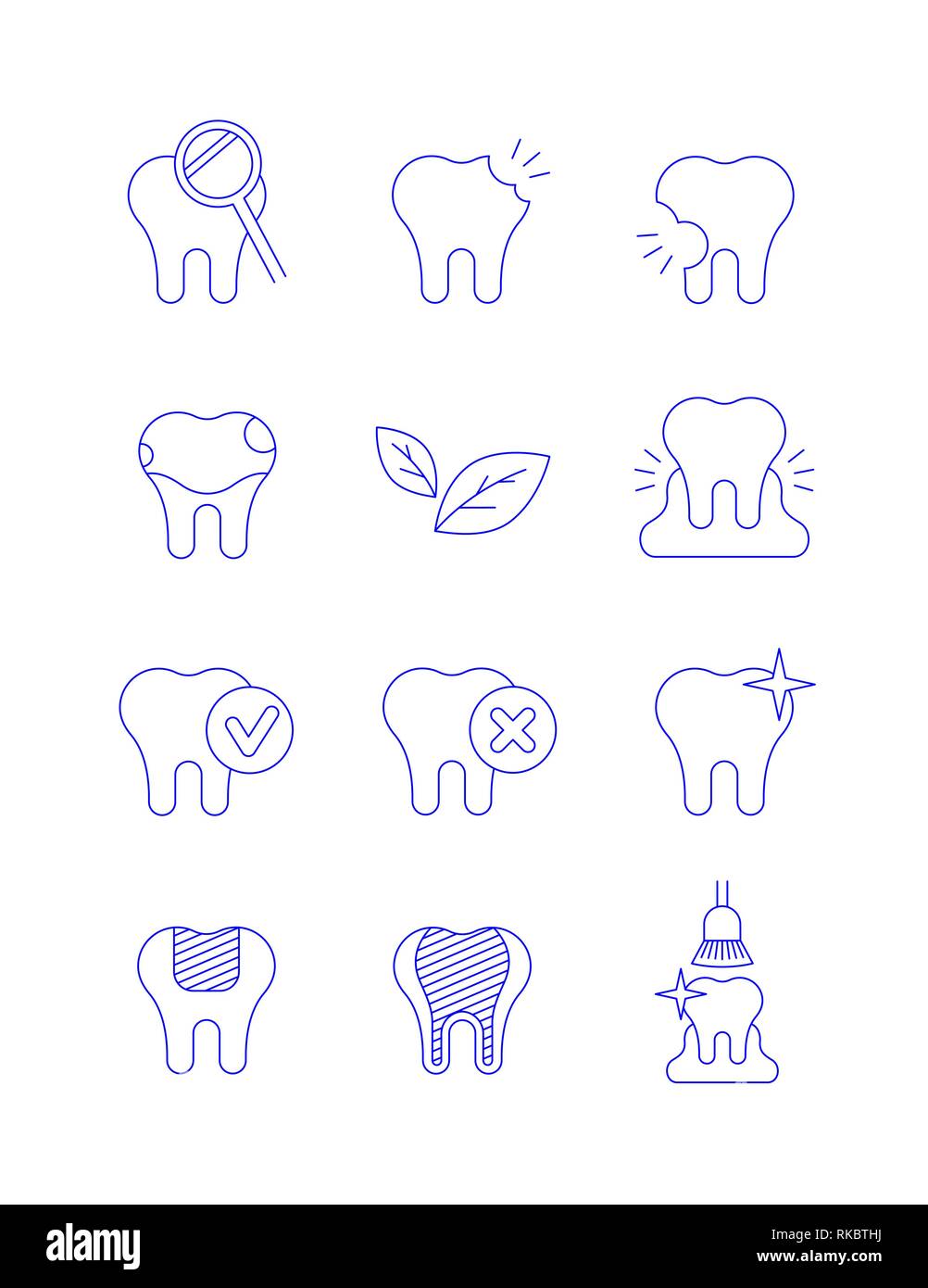 Zahnmedizinische Krankheiten und Behandlung dünne Linie Vector Icons. Karies, fleckige Zähne, gingivitis Symbole. Chek Markierungen auf Zahn, weiß, Füllung, professionelle Stock Vektor