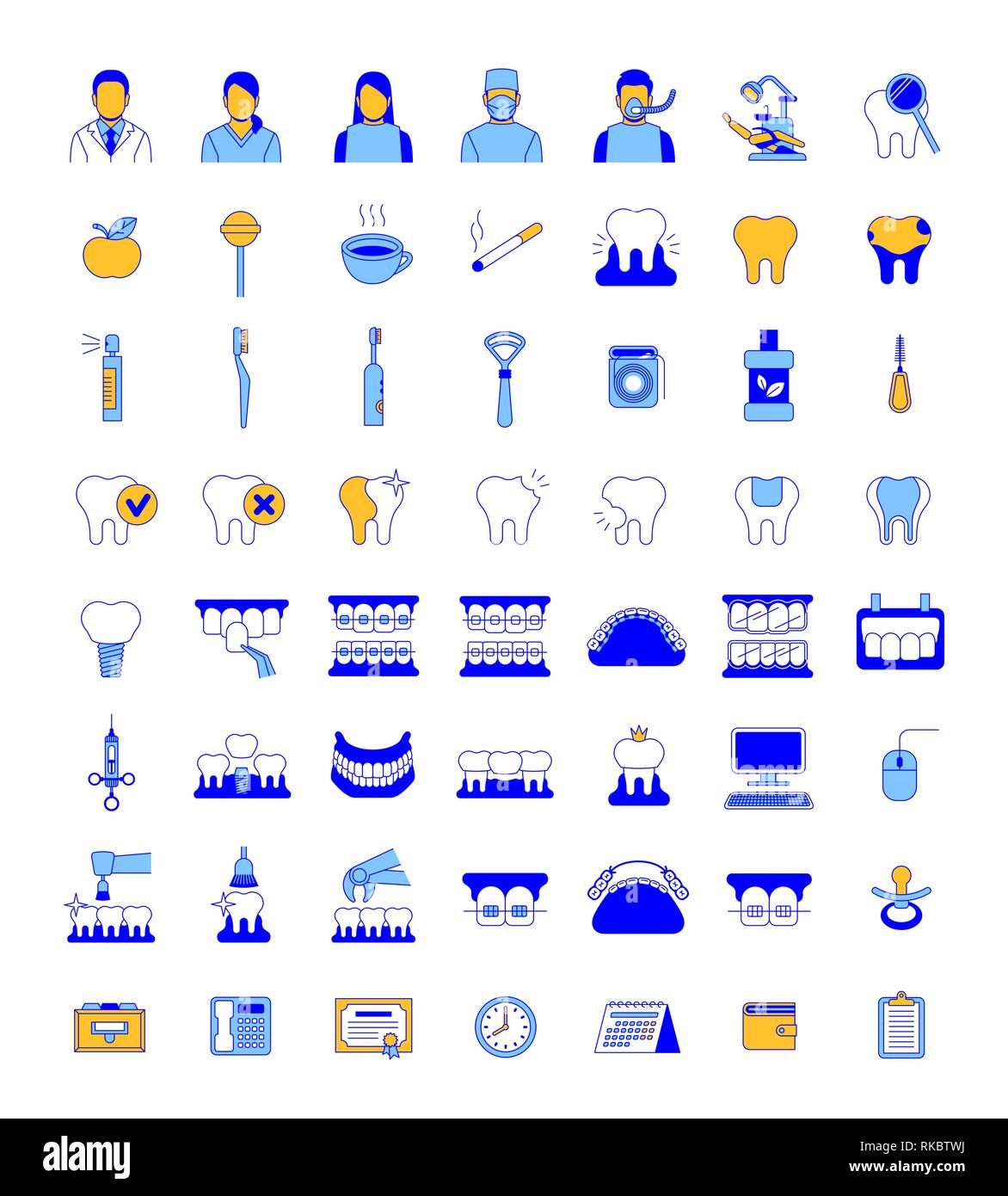 Zahnheilkunde Symbole. Dünne Linie vektor Zeichen der zahnmedizinischen Klinik Dienstleistungen. Mundhygiene und Konzepte. Mundhygiene, Zahnimplantate, Chirurgie, Kieferorthopädie. De Stock Vektor