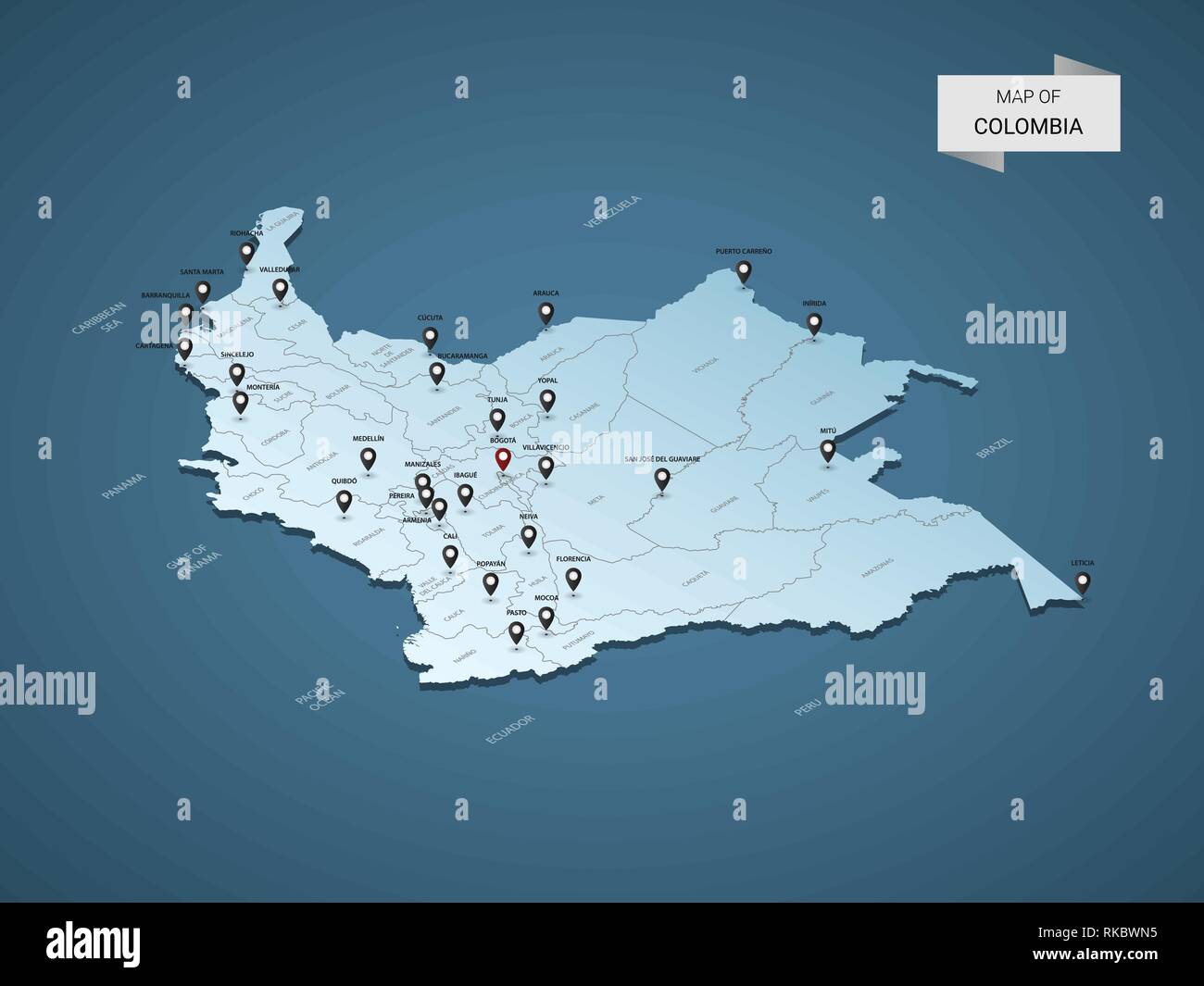 Isometrische 3D-Kolumbien Karte, Vector Illustration mit Städten, Ländergrenzen, Kapital, administrative divisions und Zeiger markiert; Gradient blauen Hintergrund. Stock Vektor