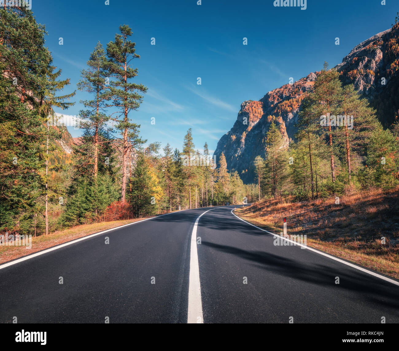 Straße im Herbst Wald bei Sonnenuntergang in Italien. Schönen Berg Fahrbahn, grüne Bäume, orange Gras, hohe Felsen, blauer Himmel. Landschaft mit leeren Asphalt ro Stockfoto