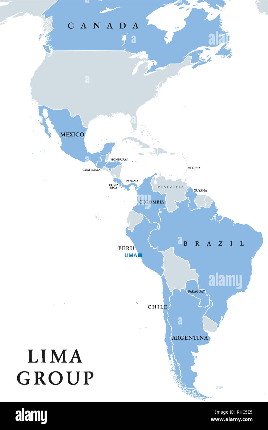 Lima Group, multilaterales Gremium, politische Karte. Zwölf Länder unterzeichneten eine Erklärung einer friedlichen Ausgang zur Krise in Venezuela zu etablieren. Stockfoto