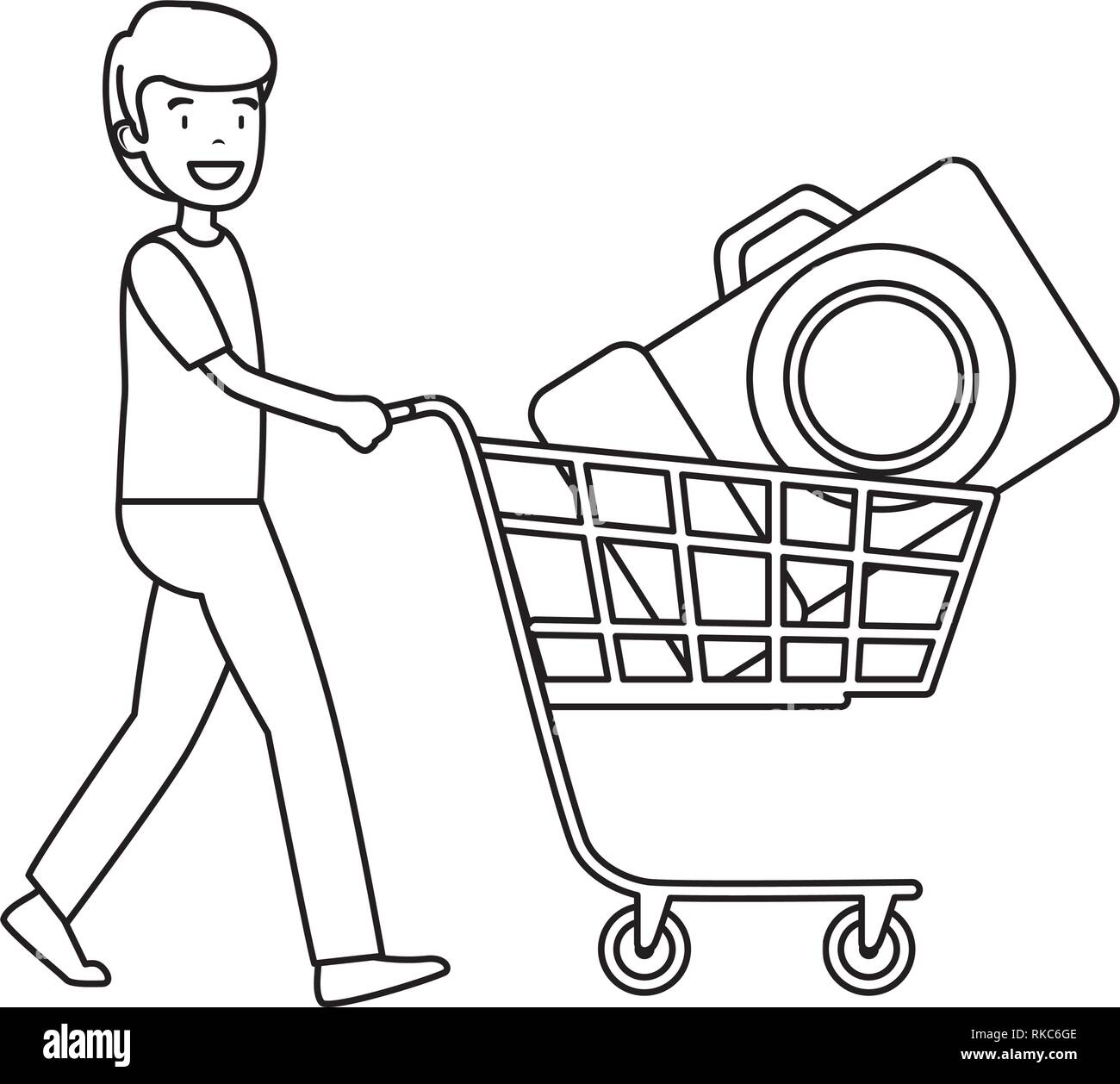 Mann mit fotografischen Kamera im Warenkorb Vector Illustration Design Stock Vektor