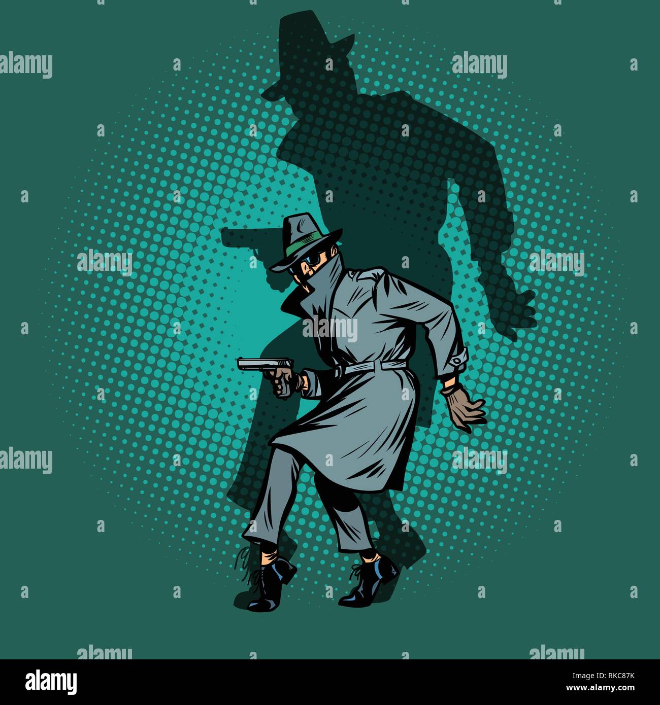 Shadow Noir. Detective spy Mann mit Waffe darstellen. Comic cartoon Pop Art retro Vektor illustration Zeichnung Stock Vektor