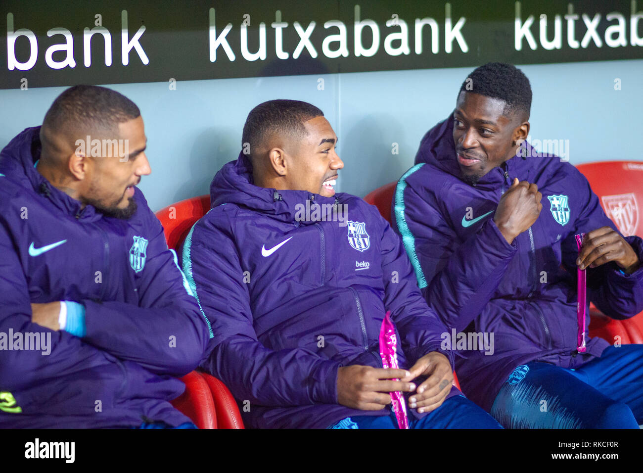 Bilbao, Spanien. 10 Feb, 2019. 10.02.2019. Bilbao, Pa's Vasco. San Mames. Liga Santander. Athletic Bilbao gegen FC Barcelona. FC Barcelona Spieler auf der Bank. Credit: Alvaro Campo/Alamy leben Nachrichten Stockfoto