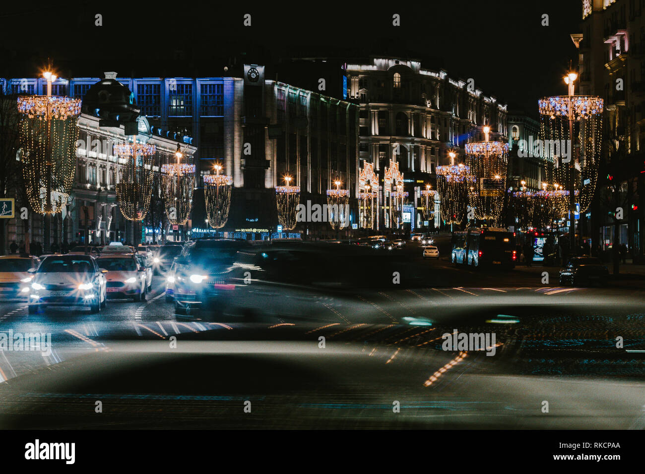 Nacht der Fotografie von Licht und Architektur in der schönen Hauptstadt von Russland Moskau, im Herzen der Stadt. Moskau, Russia-February 9,2019 Stockfoto