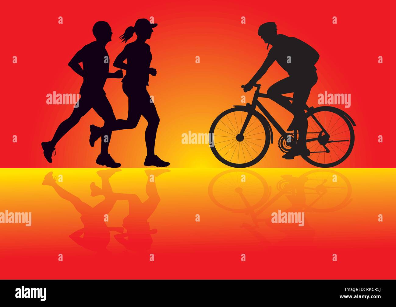 Silhouette von einem Radfahrer und laufen Menschen Männer und Frau joggen auf farbigem Hintergrund Stock Vektor