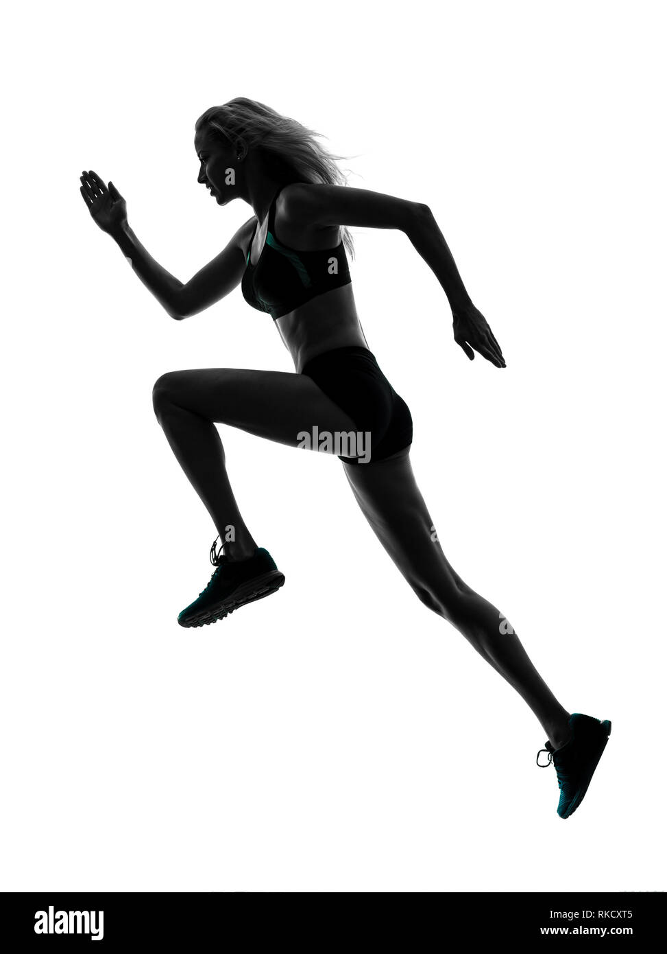eine Kaukasische Frau Läufer laufen Jogger Joggen im Studio Silhouette isoliert auf weißem Hintergrund Stockfoto