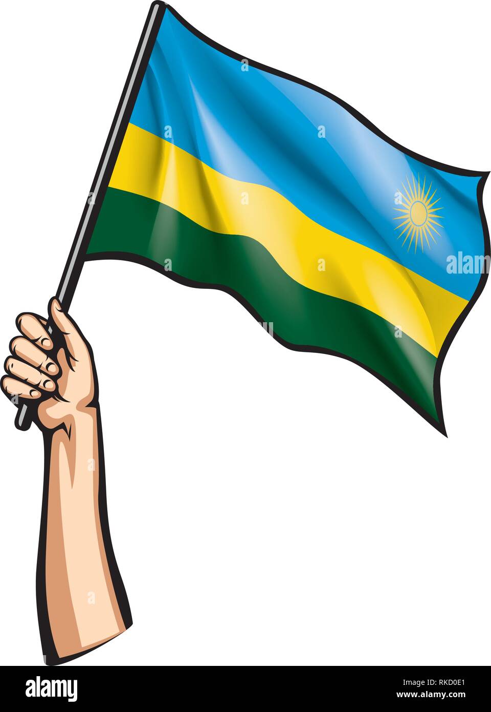 Ruanda Flagge und Hand auf weißem Hintergrund. Vector Illustration