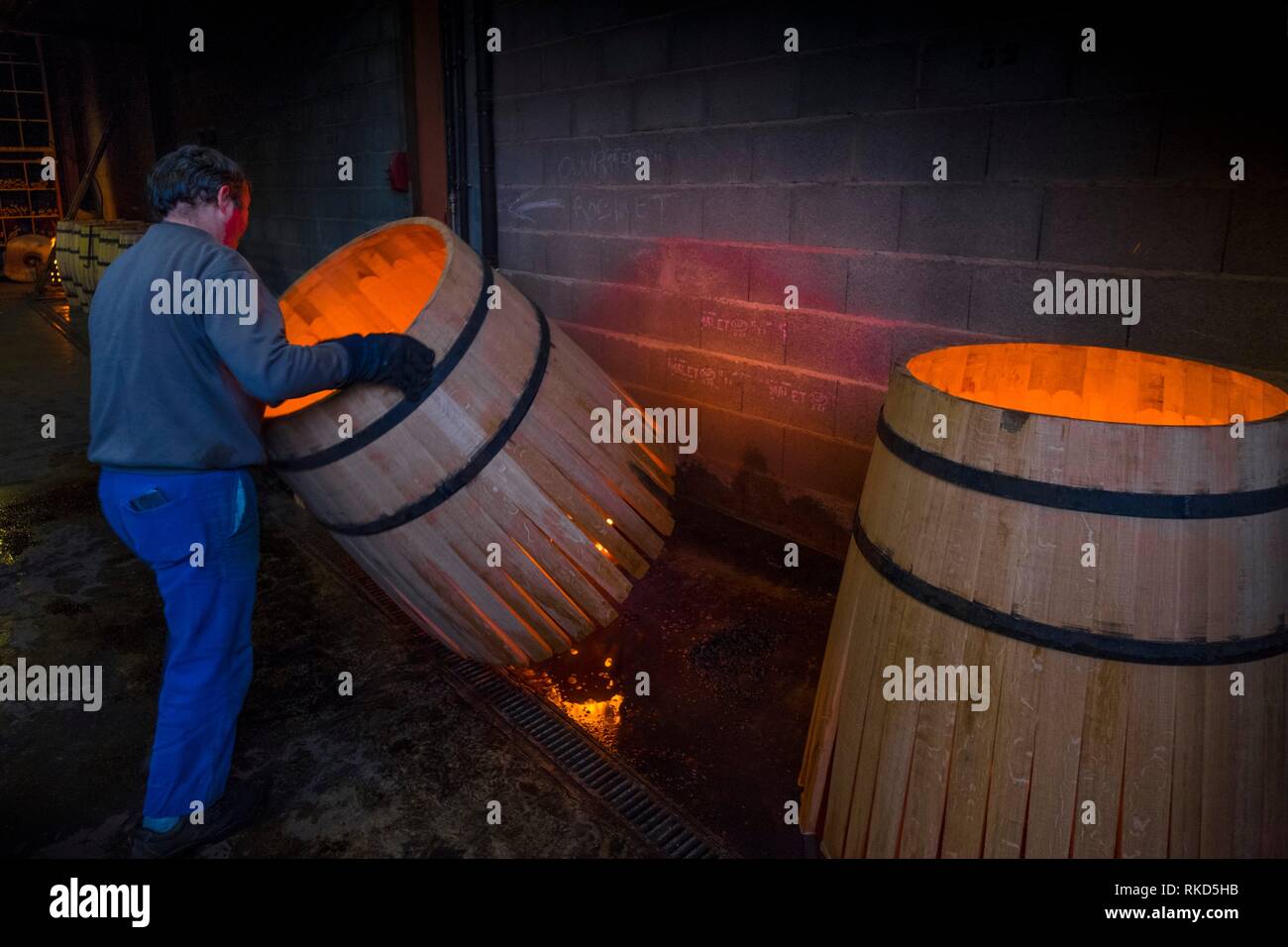 Frankreich, Royal, Gers, an der ''Tonnellerie de L'Adour'' in Plaisance du Gers. Vorbereitung von Fässern für die Alterung der Armagac. Stockfoto