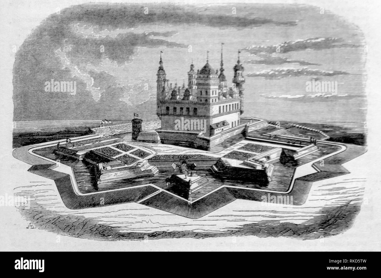 Dänemark. Kronborg (Zeichnung 1843). Kronborg ist ein Schloss und Festung in der Stadt Helsingør, Dänemark. Unsterblich wie Elsinore in William Stockfoto