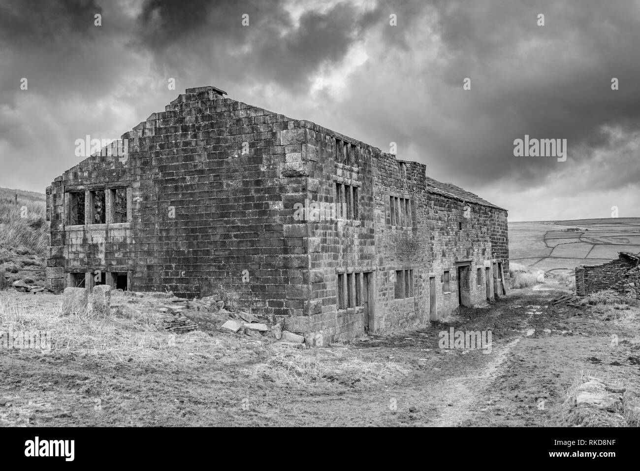 "Nook" ein zerstörtes Bauernhaus auf dem Calder Aire Link, in der Nähe von Pecket Gut, Hebden Bridge, Großbritannien Stockfoto